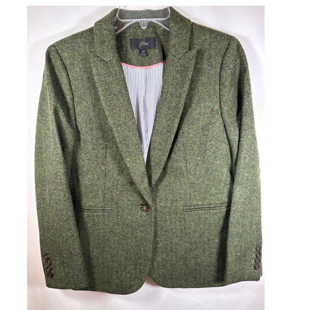 J.Crew Parke Blazer 10P Green Herringbone Tweed 100% Wool Single Button Jacket